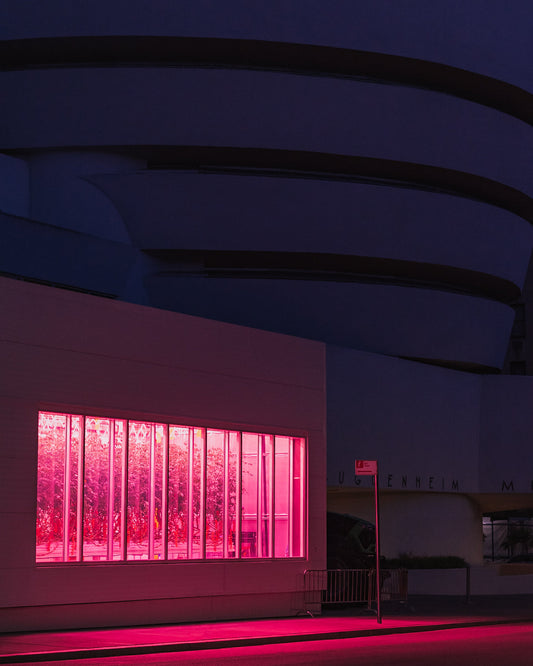 The Guggenheim Museum at sunset with a neon pink greenhouse art installment in front