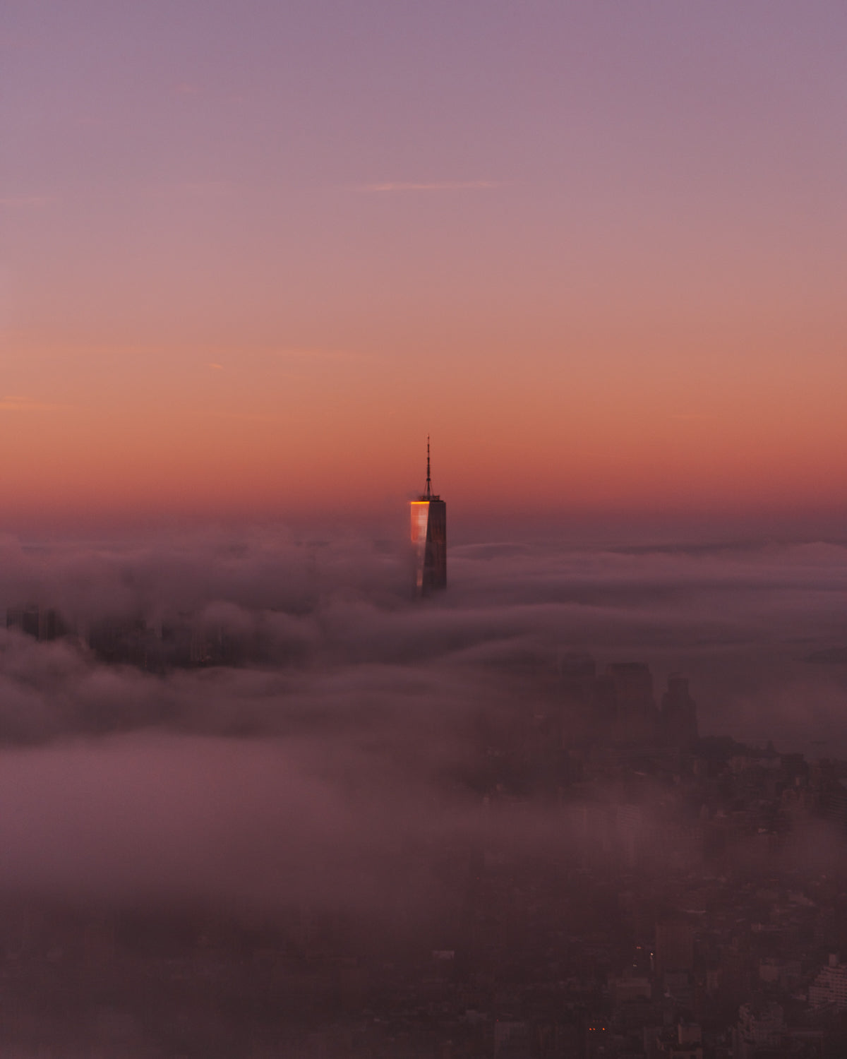 The top of the World Trade Center peeking out from thick fog over a pink sunrise